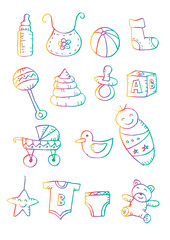 Newborn baby icons. Doodles style.