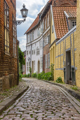 Fototapeta na wymiar Cobblestoned street with colorful houses in Luneburg
