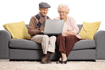 Seniors sitting on a sofa and using a laptop