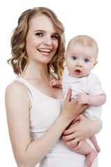 young beautiful mother with baby laughing isolated on white background