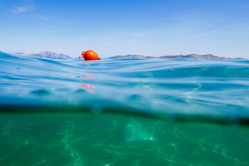 Marker buoy on surface of water. View half and half underwater.