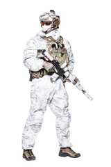 Special forces operator of Navy Seals armed with assault rifle with closed face in polarized...