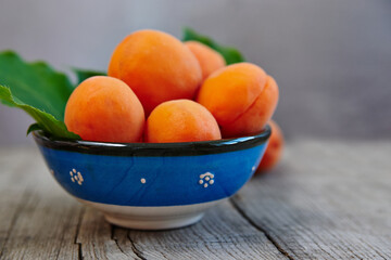 Fresh apricot in a blue bowl