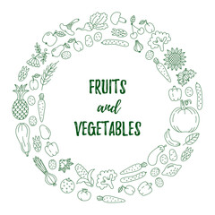 Fruits and vegetables doodle round vector frame