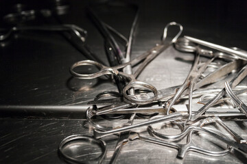 Surgical Steel instruments on a veterinary operating table