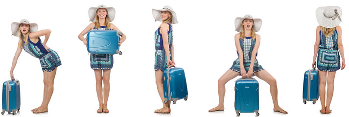 Fototapeta premium Collage of woman preparing for summer vacation isolated on white