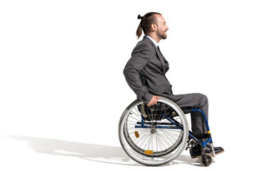 side view of smiling disabled businessman in wheelchair isolated on white - Powered by Adobe