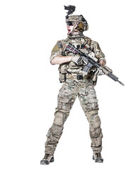 Elite member of US Army rangers in combat uniforms with his shirt sleeves rolled up, in helmet, eyewear and night vision goggles, shouting in action turning around. Studio shot, white background