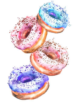 Watercolor drawing donut. The group cakes, sweets. Watercolor postcard,logo illustration On a white isolated background.
