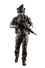 US Army rangers in combat uniforms with his shirt sleeves rolled up, in helmet, eyewear and night vision goggles moving walking towards camera. Studio shot, white background, dark contrast