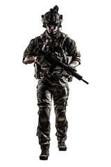 US Army rangers in combat uniforms with his shirt sleeves rolled up, in helmet, eyewear and night vision goggles moving walking towards camera. Studio shot, white background, dark contrast