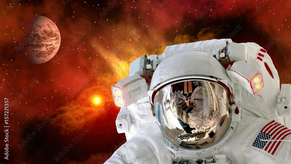 Wall mural astronaut planet mars spaceman helmet stars space suit galaxy universe. elements of this image furni