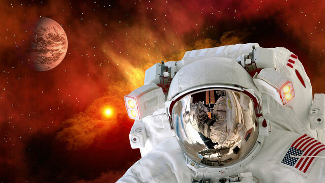 Astronaut planet Mars spaceman helmet stars space suit galaxy universe. Elements of this image furnished by NASA.