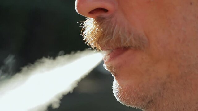Mature man smoking cigarette, exhaling tobacco smoke outdoors, profile, close-up