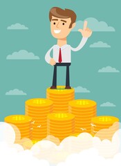 businessman proudly standing on the huge money staircase. Flat style business concept. Stock vector illustration for poster, greeting card, website, ad, business presentation, advertisement design.