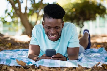 Young man using mobile phone while lying on a picnic blanket