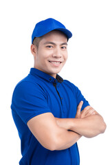 Asian Man in Blue Uniform. White Background.