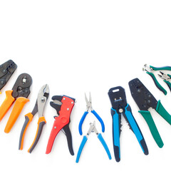 set of tools on white background top view