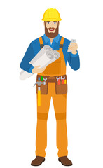 Worker with mobile phone holding the project plans