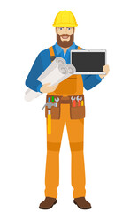 Worker holding the project plans and showing blank digital tablet PC