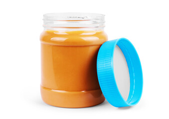 Jar of peanut butter on a white background