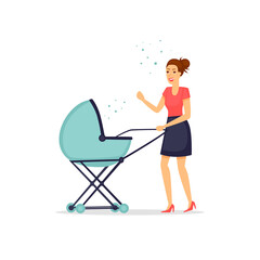 Young mother with a baby in a stroller. Flat vector illustration in cartoon style.
