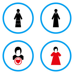 Bride rounded icons. Vector illustration style is a flat iconic symbols inside blue circles. Designed for web and software interfaces.