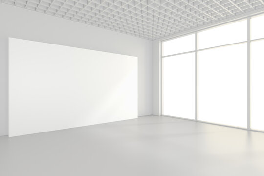 interior blank billboards standing on floor in white room. 3d rendering.