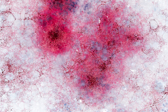 Red color drop on air bubbles.Imagine the structure of pathogens hiding in the water.