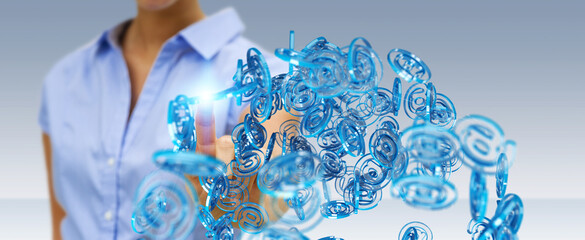 Businesswoman using digital arobase blue sphere to surf on internet 3D rendering