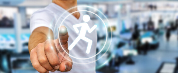 Young man using running application to check his performances 3D rendering