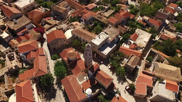 Aerial drone video of village of Areopoli in Mani, Peloponnese, Greece