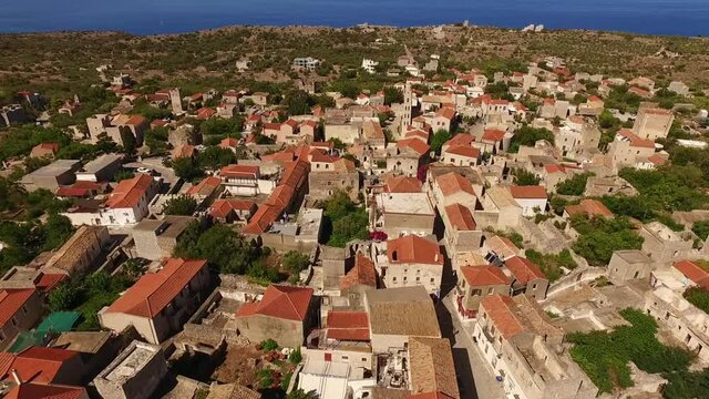 Aerial drone video of village of Areopoli in Mani, Peloponnese, Greece