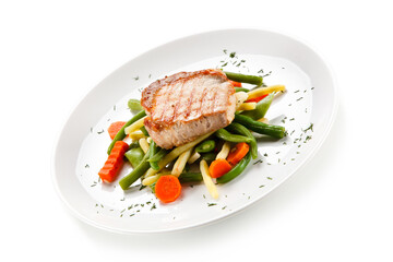 Roast steak with beans on white background