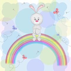 Cartoon a cute happy rabbit   sitting on the rainbow. 
