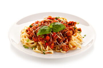 Pasta with bolognese sauce on white background