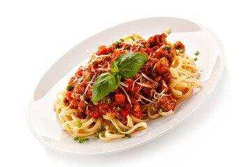 Pasta with bolognese sauce on white background