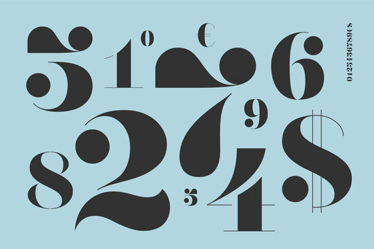 Font of numbers in classical french didot style with contemporary geometric design. Beautiful elegant stencil numeral, dollar and euro symbols. Vintage and retro typographic. Vector Illustration