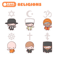 Cute chibi kawaii characters set: People of different religions. Judaism Rabbi. Buddhism Monk. Hinduism Brahman. Catholicism Priest. Christianity Holy father. Islam Muslim. Religion vector symbols.