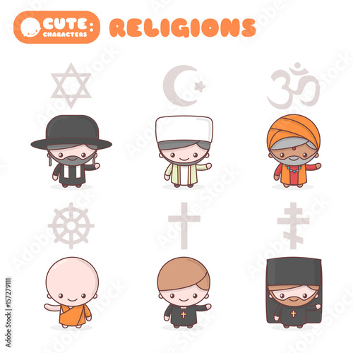 cute chibi kawaii characters set people of different religions