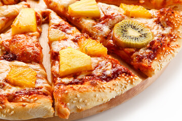 Pineapple and kiwi pizza on white background
