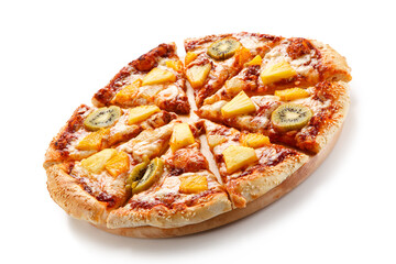 Pineapple and kiwi pizza on white background