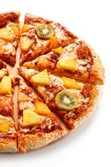 Pineapple and kiwi pizza on white background