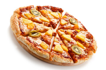 Pineapple and kiwi pizza on white background