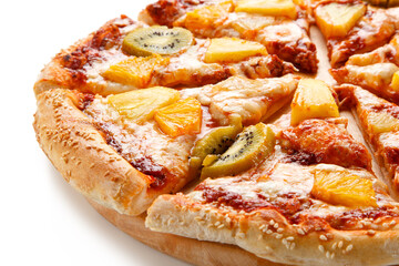 Pineapple and kiwi pizza on white background