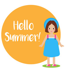 Cute smiling girl kid in blue summer dress and hat. Seasonal background, hello summer banner