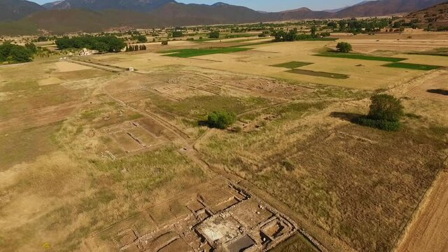 Aerial drone video of archaeological site of Mantineia, Peloponnese, Greece