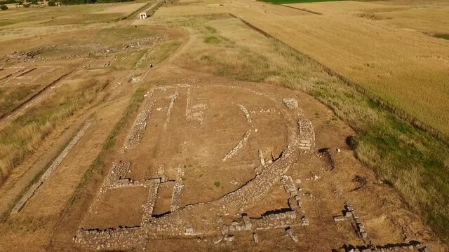 Aerial drone video of archaeological site of Mantineia, Peloponnese, Greece