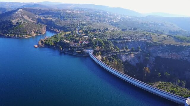 Aerial drone video of lake and dam of Marathonas, Attica, Greece