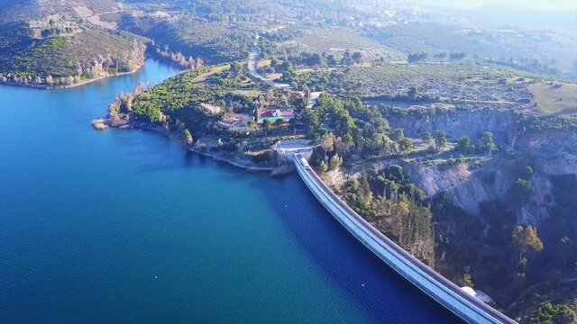 Aerial drone video of lake and dam of Marathonas, Attica, Greece
